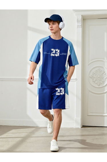 Men Number Print T-Shirt and Shorts Set
