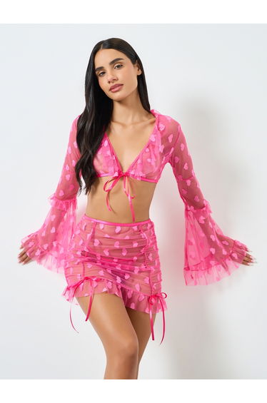 Pack of 3 - Heart Mesh Pattern Flared Top, Ruffle Skirt and Brief