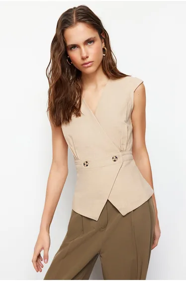 Mink Woven Bone Button Detailed Double Breasted Woven WAISTCOAT