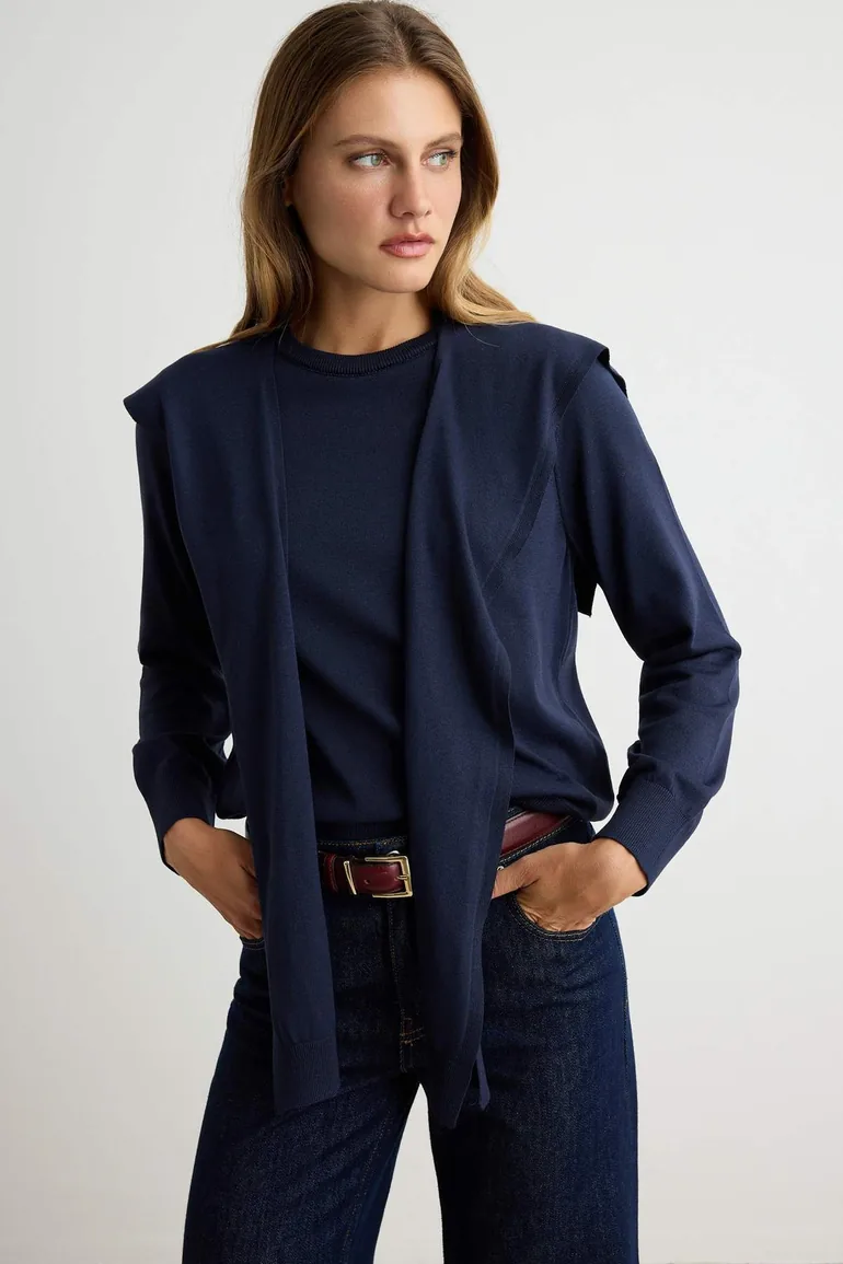 Navy Blue Crew Neck Detachable Shawl Detailed Knitwear Sweater - 1