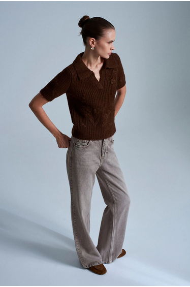 Dilvin Textured Ribbed Polo-collar Sweater