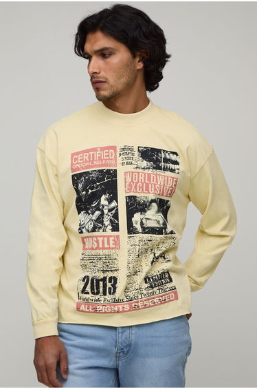 Washed Yellow Oversized Boxy Magazine Print Raw Hem Long Sleeve T-Shirt - yellow