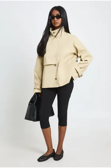 Funnel Neck Belted Trench Coat - stone