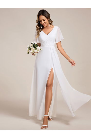 ever LINDEN|High Slit V-Neck Chiffon High Waist Bridesmaid Dress with Ruffle Sleeve