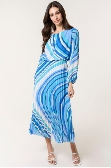 Swirl Print Pleated Round Neck Dress