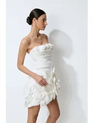 Always Blossoming White Floral Applique Strapless Satin Mini Dress - 5