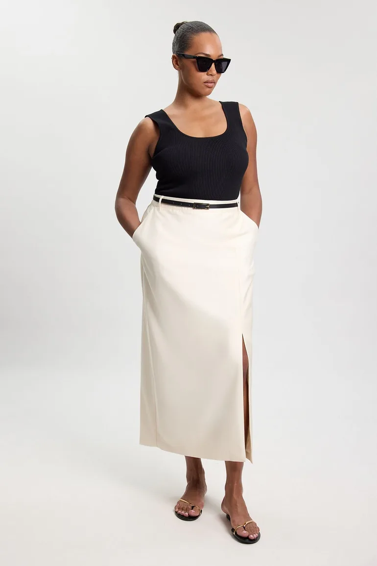 Plus Size Tailored Satin Midi Pencil Skirt