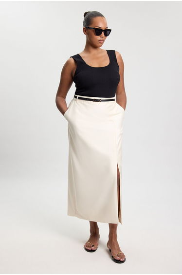 Plus Size Tailored Satin Midi Pencil Skirt