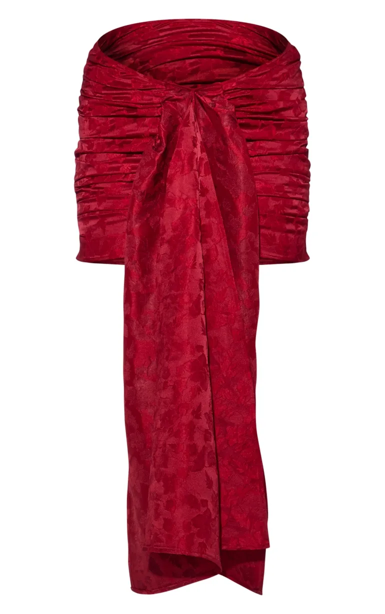Red Jacquard Woven Drape Front Mini Skirt - 5