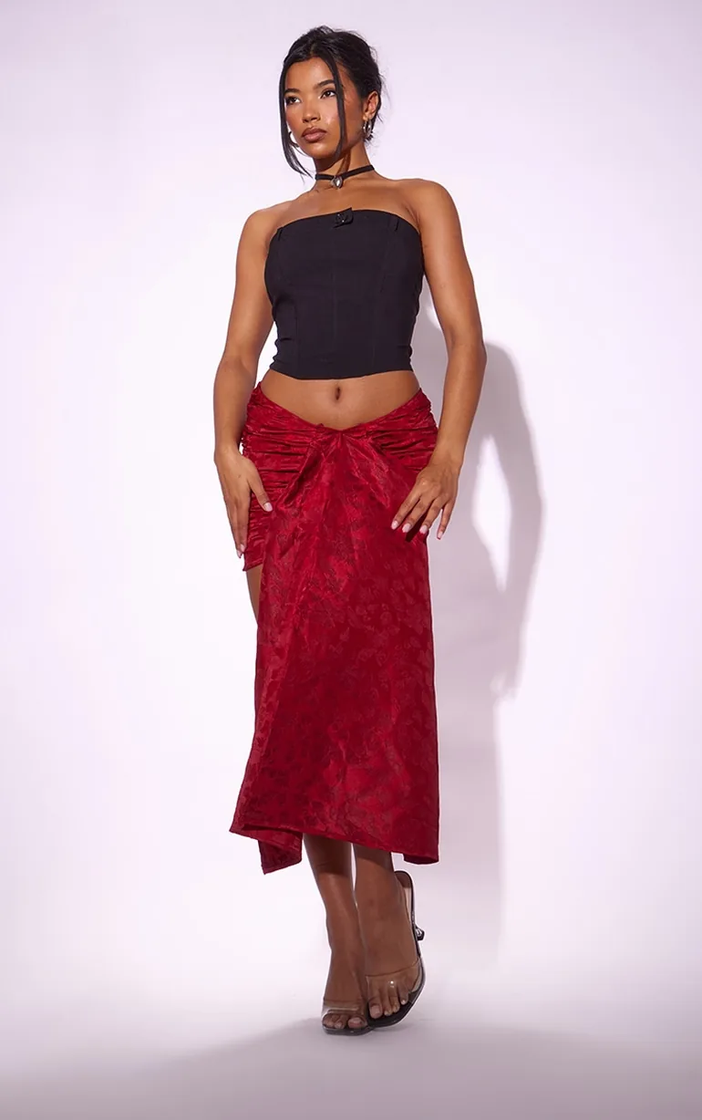 Red Jacquard Woven Drape Front Mini Skirt - 3