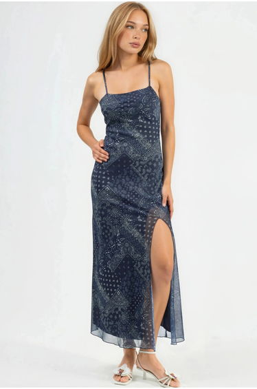 Square Collar Printed Midi Dress