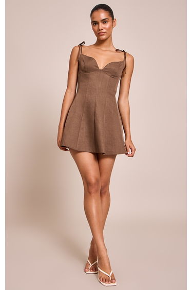 Chocolate Woven Shoulder Tie Strap Mini Shift Dress