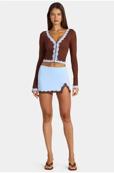 Lace-Trim Cropped Cardigan in Cocoa Brown