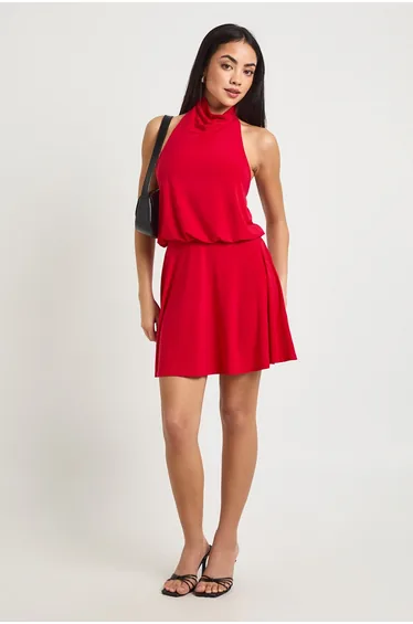 Slinky Halterneck Backless Skater Dress - red