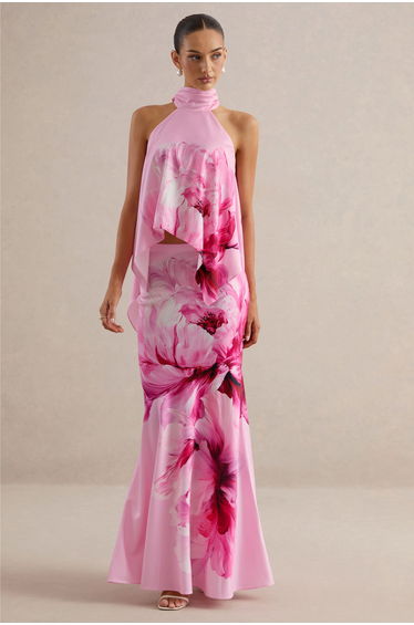 Sancelle | Pink Border Floral Print Matte Satin Halter-Neck Top