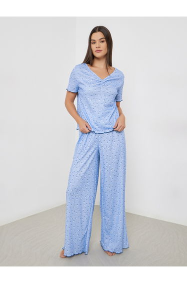 Ditsy Floral Pointelle Dropped Shoulder T-Shirt and Wide Leg Pyjama Set