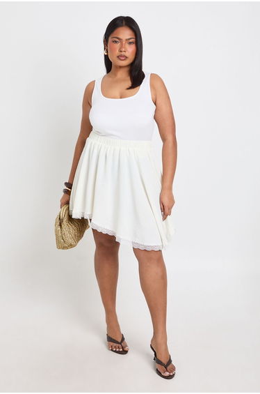 Plus Textured Lace Trim Asymmetric Mini Skirt - ivory