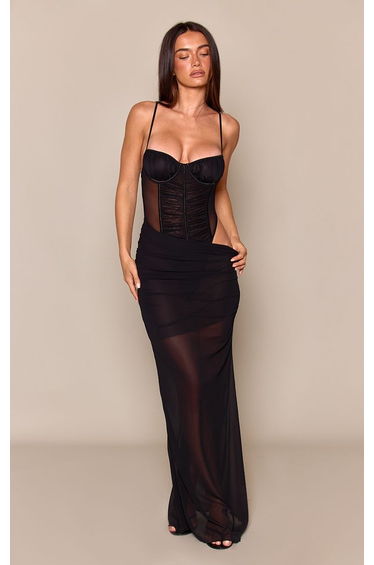 Black Mesh Ruched Corset Cut Out Maxi Dress
