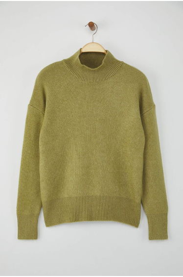Oil Green Wool Blend Wide Pattern Soft Texture Knit Sweater