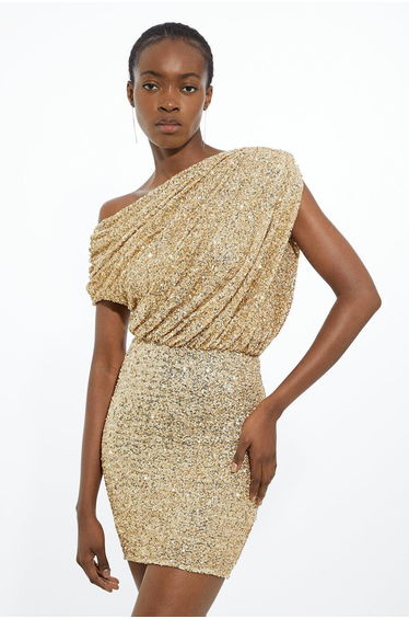 Draped One Shoulder Jersey Stretch Sequin Mini Dress