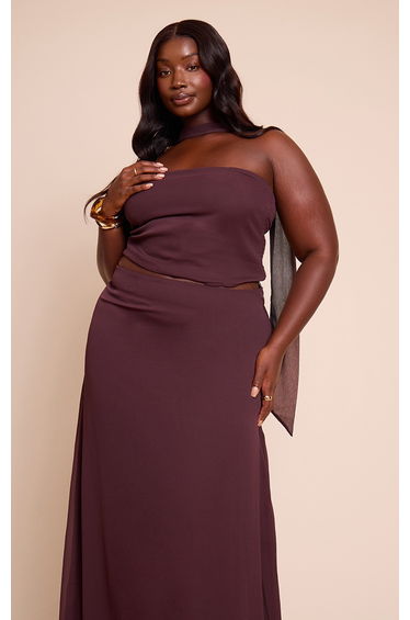 Plus Brown Chiffon Neck Wrap Top