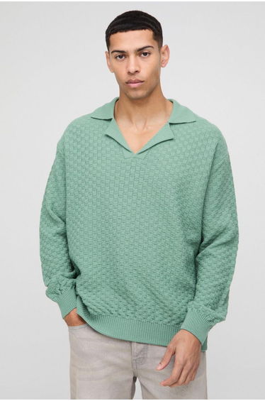 Oversized Boxy Revere Collar Basket Knitted Polo - sage