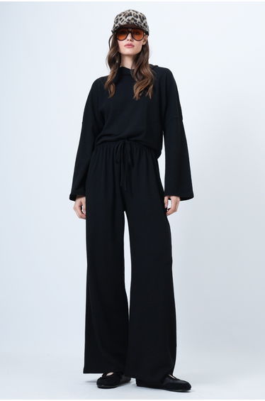 Women's black stand collar wide cut blouse and pants set