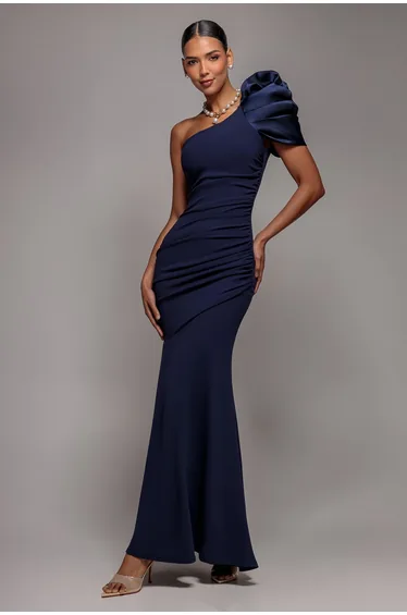One Shoulder Puffed Satin Sleeve Evening Maxi Dress - Navy Blue by Goddiva
