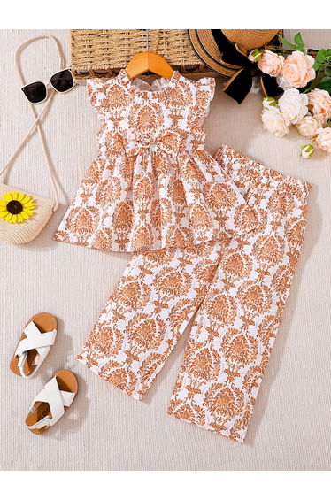 Girls Floral Print Frill Sleeve Top and Pants Set
