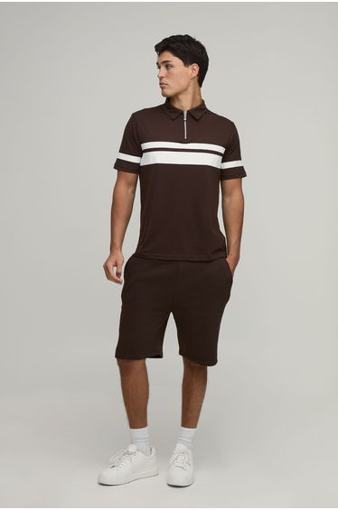 Slim Fit Zip Up Stripe Polo & Short Set - charcoal