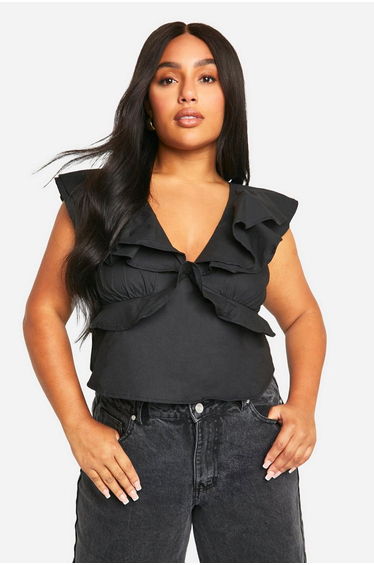 Plus Ruffle Tie Back Top - black