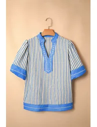 Lvness Sky Blue Stripe Color Block Detail V Neck Short Sleeve Blouse - 4