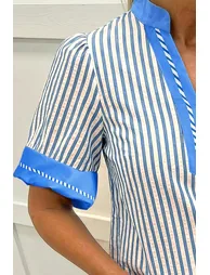 Lvness Sky Blue Stripe Color Block Detail V Neck Short Sleeve Blouse - 3