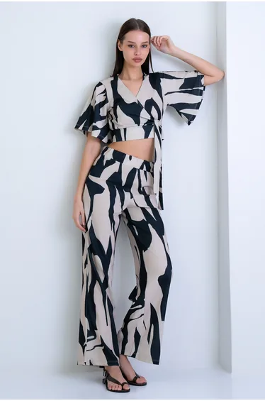 Women's Black-Beige Double-Breasted Collar Cropped Blouse and Trousers Set