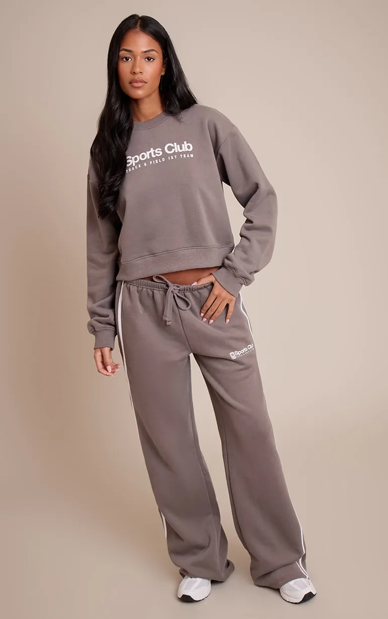 Tall Charcoal Sports Club Print Wide Leg Joggers