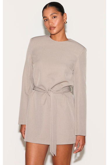 Grey Tailored Belt Detail Long Sleeve Shift Dress