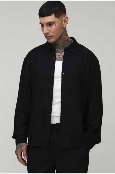 Tall Oversized Long Sleeve Linen Blend Shirt - black