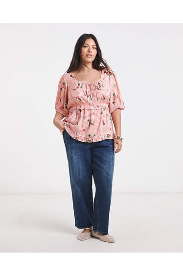 Pink Gingham Crinkle Milkmaid Blouse