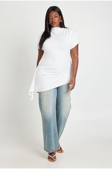 Plus Grown On Neck Cinched Waist TShirt With Drape Side Detail - white