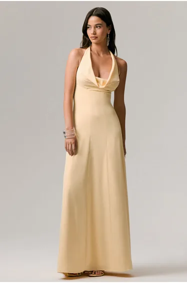 فستان ماكسي بثنيات بياقة منسدلة لون أصفر