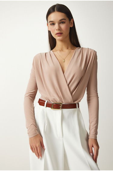 Women's Beige Wrap Collar Snap-On Knitted Top
