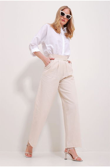 Women's Cream Waist Herringbone Trousers