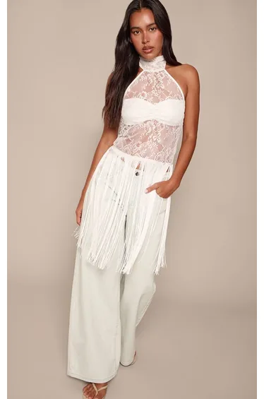 White Sheer Lace Tassel Detail Long Top