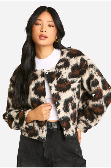 Petite Leopard Wool Look Bomber Jacket