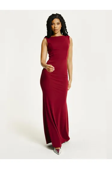 Burgundy Draped Cowl Back Maxi Dress