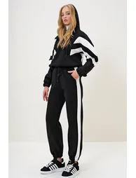 Women's Black Hooded Half Zippered Sweatshirt and Elastic Leg Tracksuit Set - 2
