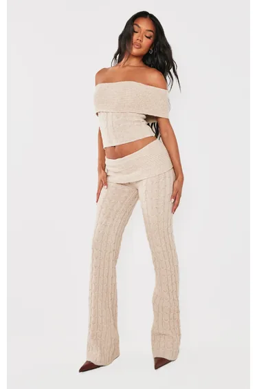 Oatmeal Marl Textured Knit Foldover Wide Leg Trousers