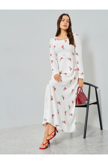 White Floral Print Long Sleeve Maxi Dress