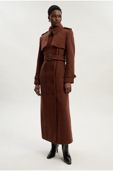 Wool Pu Mix Tailored Belted Trench Maxi Coat