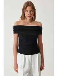 Women's Black Gathered Open Shoulder Sandy Blouse - 2